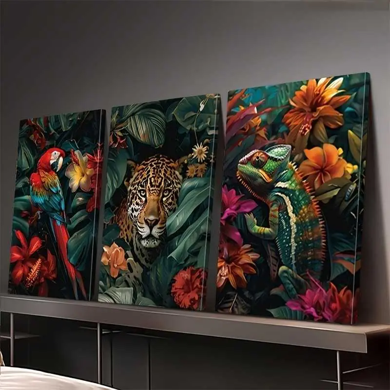 2D/FLAT, 3-piece set of vibrant jungle canvas art paintings, featuring leopard, chameleon and flowers, suitable for decorating living rooms, offices, bars, and cafes, a perfect gift for birthdays, holidays, and special occasions