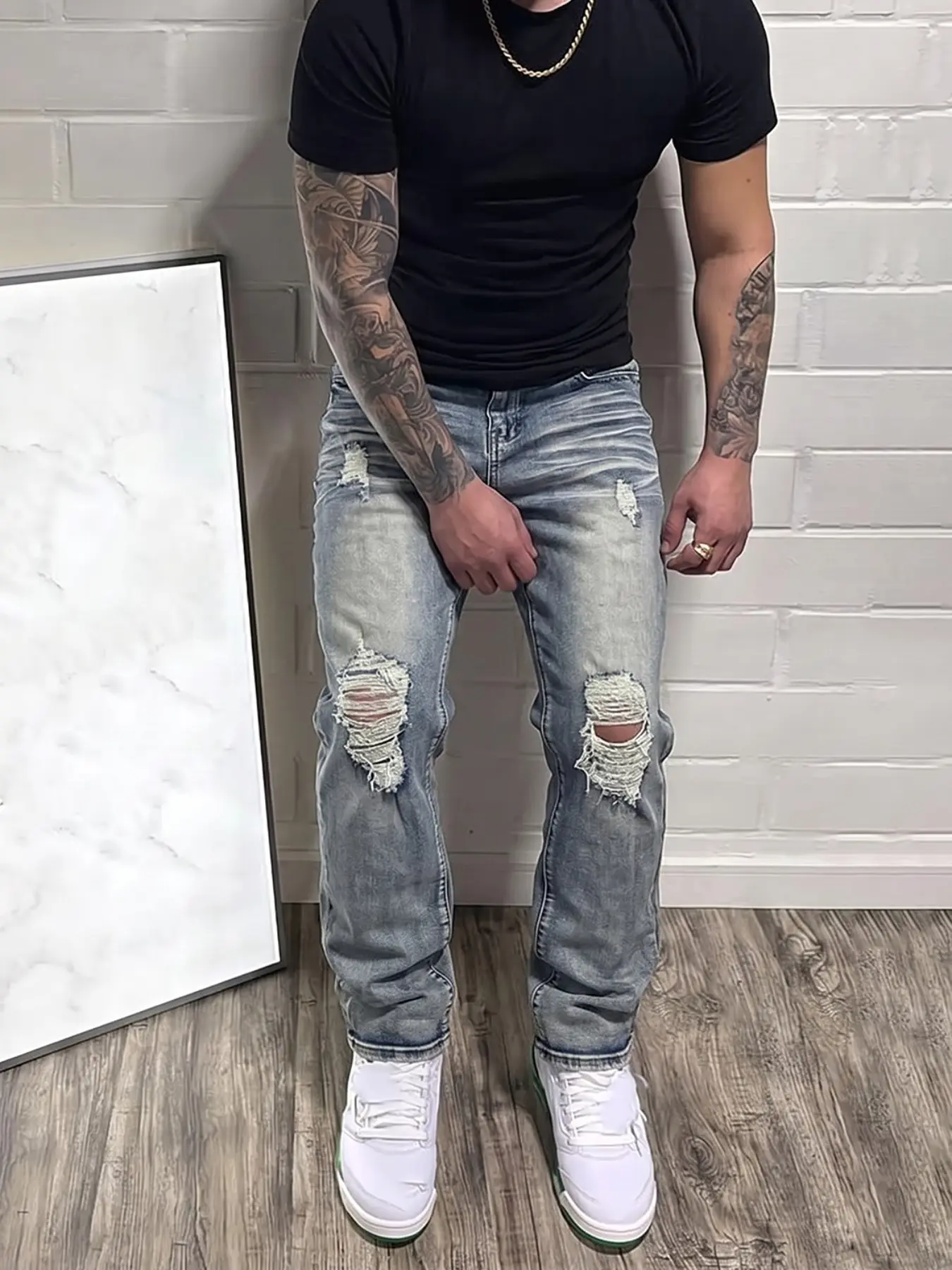 Snowflake Light Blue Ripped Slim Straight Jeans, American Vintage Gradient Washed Leg-Shape Skinny Denim Jeans, Wearable All Year Round