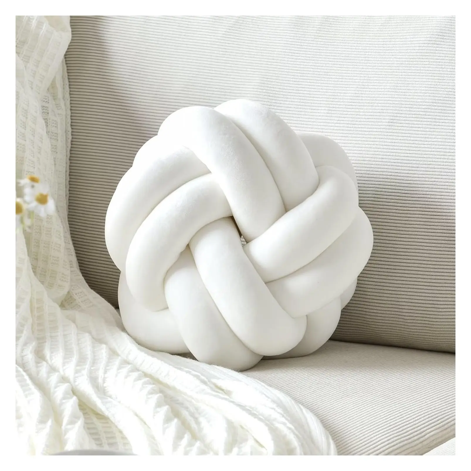 Soft Round Knot Ball Throw Pillow, Handmade Knitted Decorative Cushion for Bedroom, Sofa, Couch, Modern Home Decor, 8 Inch, WhiteGift