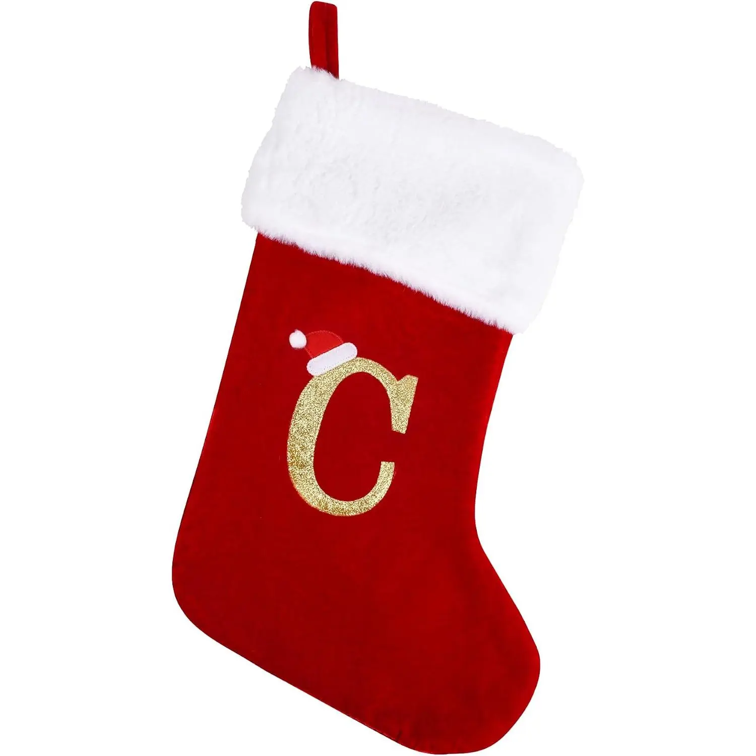 20 Inches Monogram Christmas Stockings with Letters, Large Super Soft Christmas Stockings Red Velvet with White Super Soft Plush Cuff for Christmas Xmas Tree Holiday Fireplace (C)