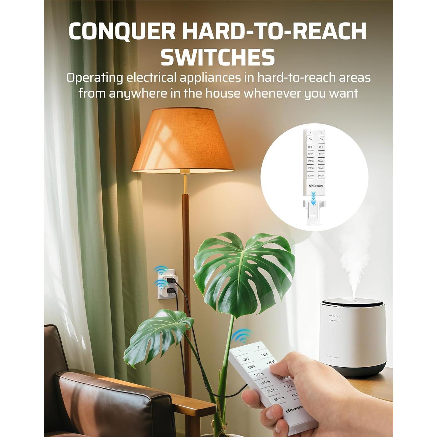 Remote Control Outlet with Timer, Indoor Remote Timer Outlet, No Wiring, 15A/1875W 100FT RF Range, Countdown  for Lamp, Fan, 1 Remote 2 Outlets