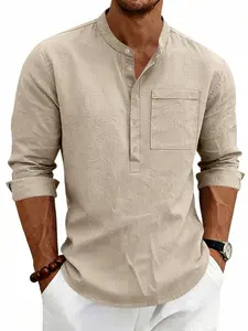 Men's stand-up collar Henry collar linen long-sleeved shirt Aesthetic - single chest pocket, half-buttoned casual top - soft and breathable with adjustable sleeves design - suitable for daily commuting and vacation