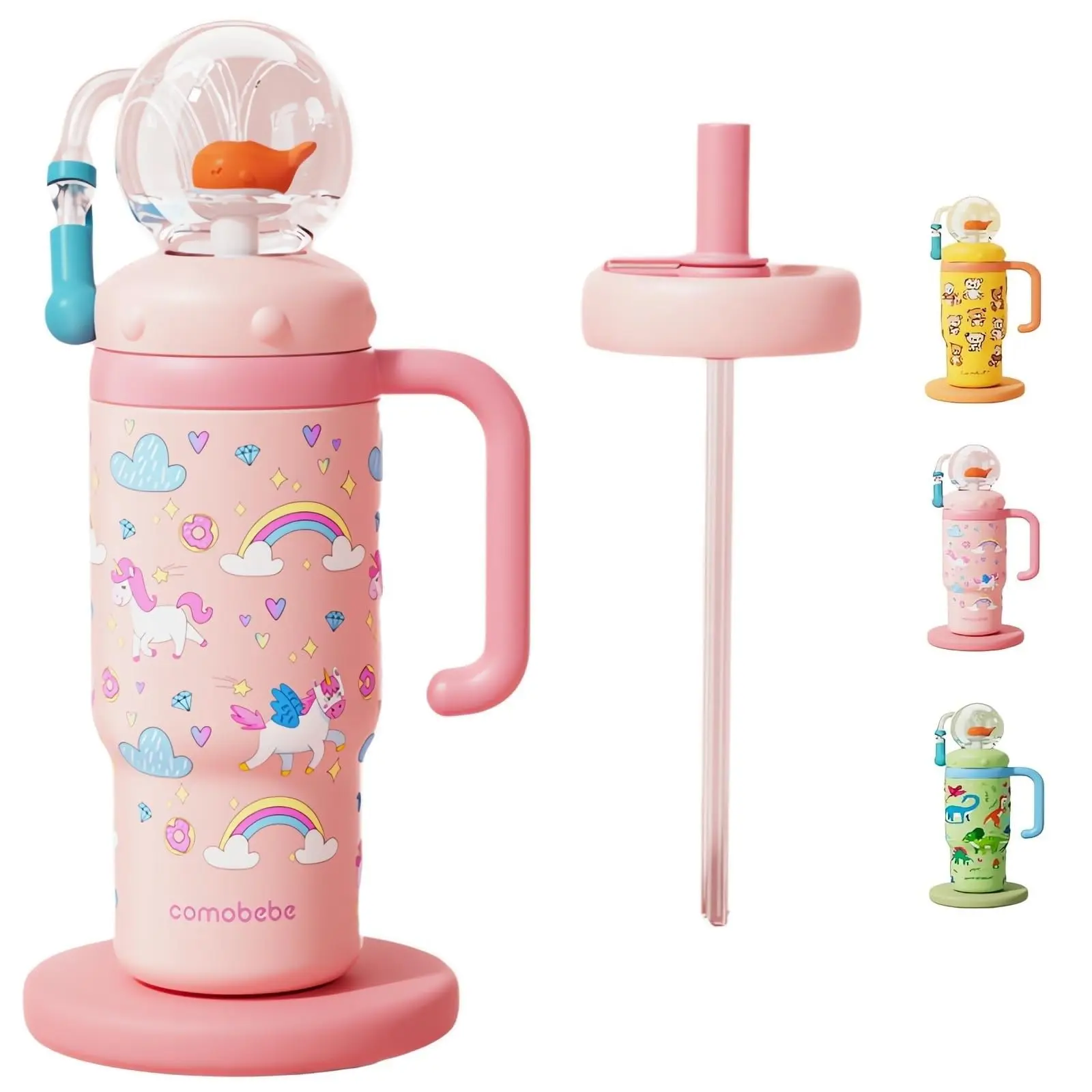 Stainless Steel Whale Fountain Cup with Handle, Leak-Proof Water Bottle with Dual Silicone Spouts and Straw, 24oz Drinkware for Kids Teens Adults