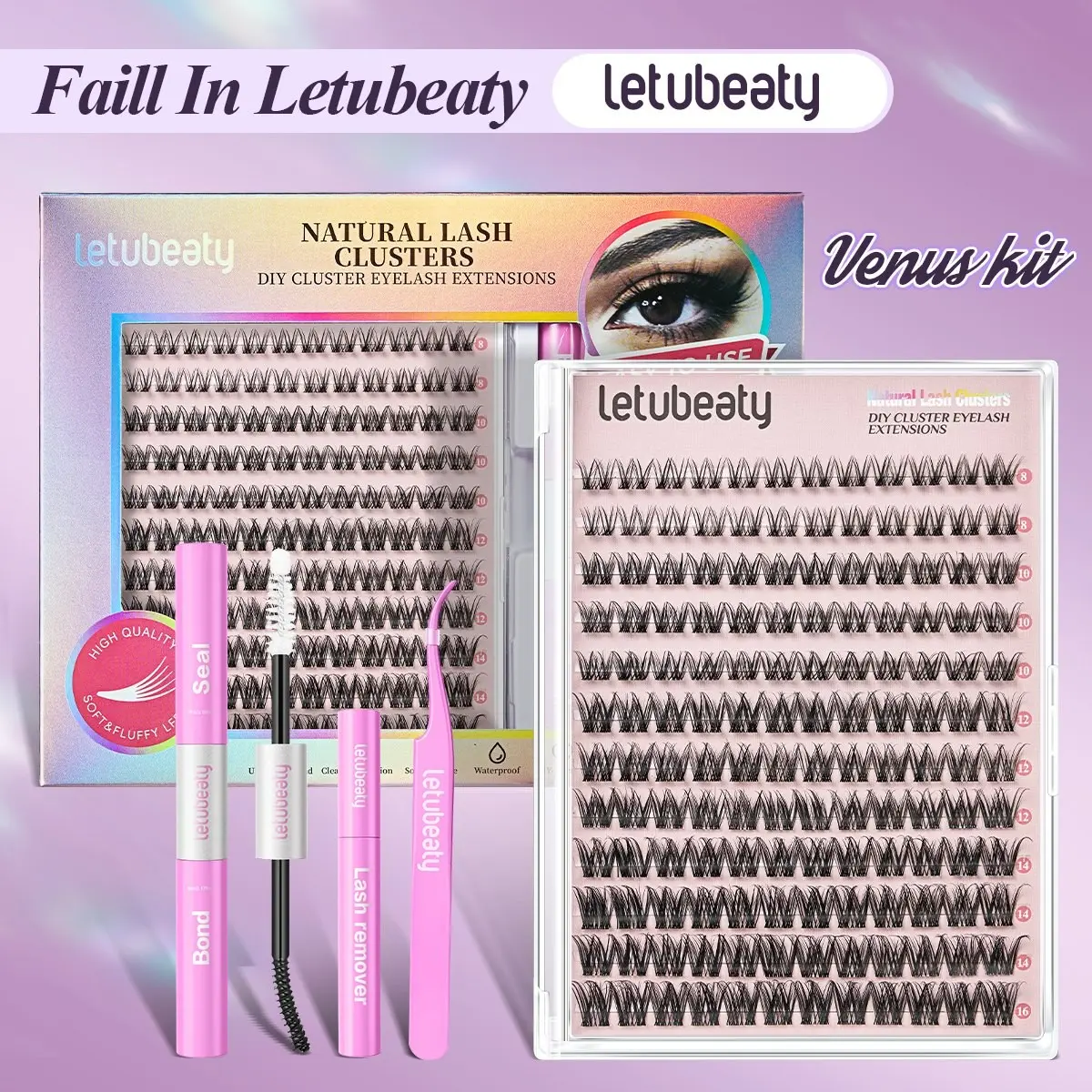 Individual False Eyelashes with Bond and Seal Glue, Soft Waterproof Eyelash Extension, Self Grafting Curl Makeup, 1 Box, Natural Look, for Women & Girls