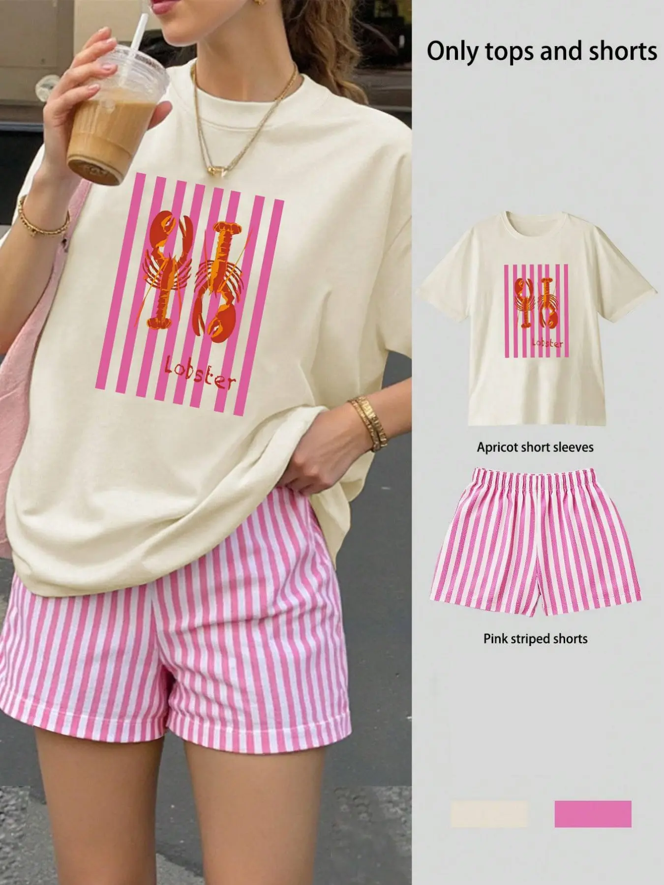 Women's Lobster Print Top and Striped Shorts Set, Casual Summer, Graphic Tee, Oversize, Loose, Comfortable Two-Piece Set, Vacation Wear, Clothes