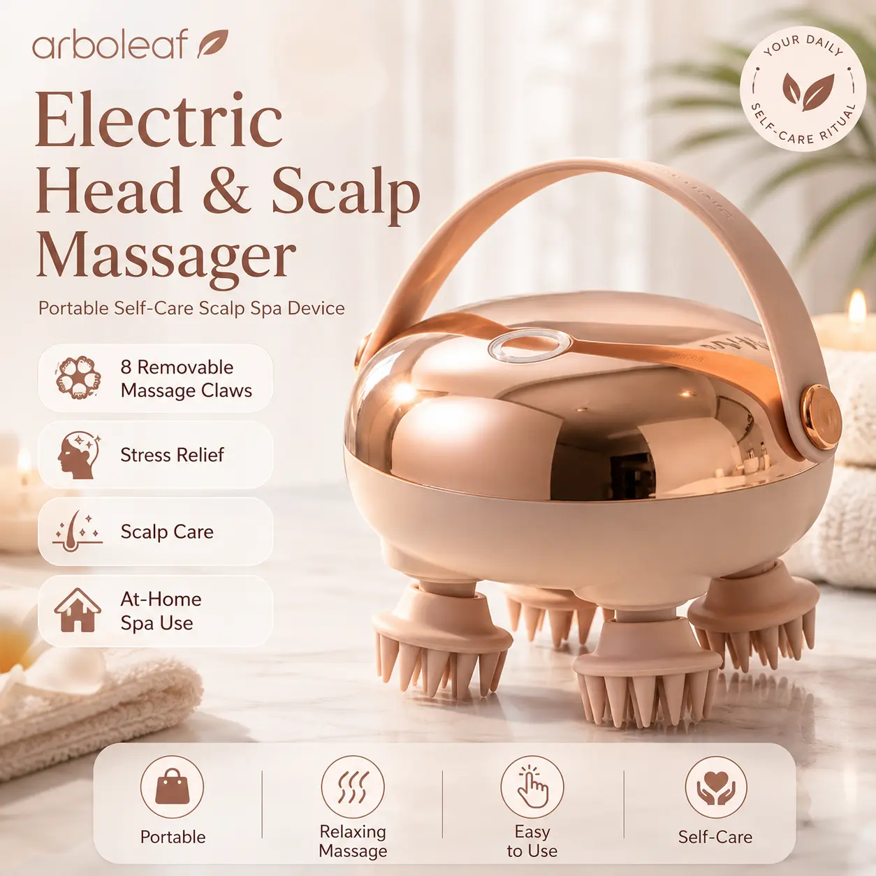 arboleaf Electric Head & Scalp Massager, Portable Self-Care Scalp Spa Device with 8 Removable Massage Claws, Head Relaxation Tool for Stress Relief, Scalp Care & At-Home Spa Use