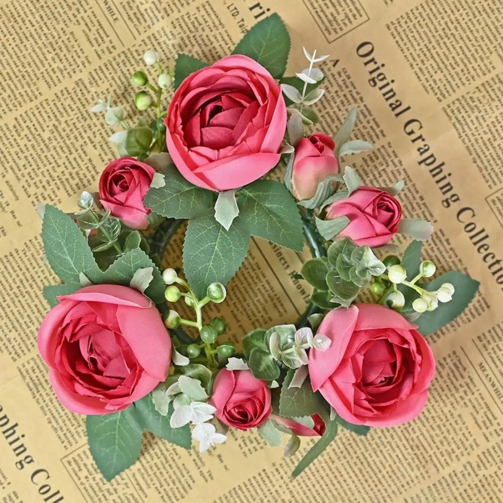 Decorative 4-Pack Lightweight Artificial Flower Candle Floral Rings, Casual Home Decor Candle Holders, Wedding Table Centerpiece Gifts, Rose