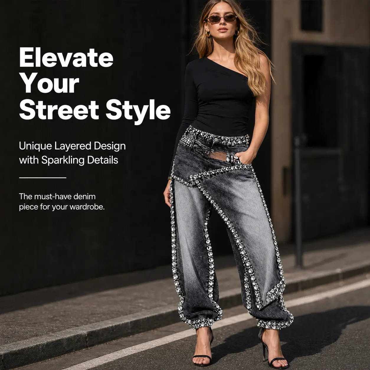 Women's High-Rise Soft Gradient Denim Jeans - Glam Crystal Rhinestone Edge, Asymmetrical Panel, Wide-Leg, Retro Faded, Baggy Streetwear Bottoms for Nightclub Fashion Blue