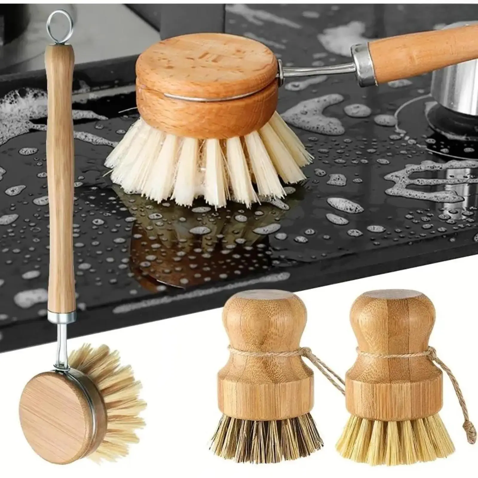 Bamboo Dish Scrub Brush with Draining Tray, Eco Friendly Natural Bristle Kitchen Scrubber, Reusable Household Cleaning Tool for Washing Dishes, Pots, Pans & Sink, Daily Kitchen Essential