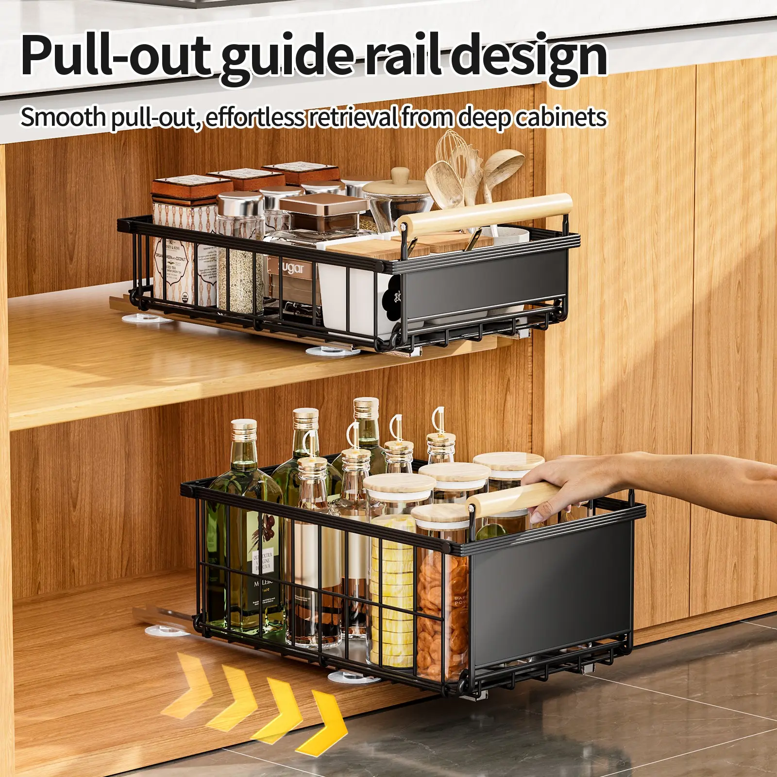No-Drill Pull-Out Cabinet Organizer, Space-Saving Kitchen Storage Track Basket, Efficient Shelving Solution for Home Organization
