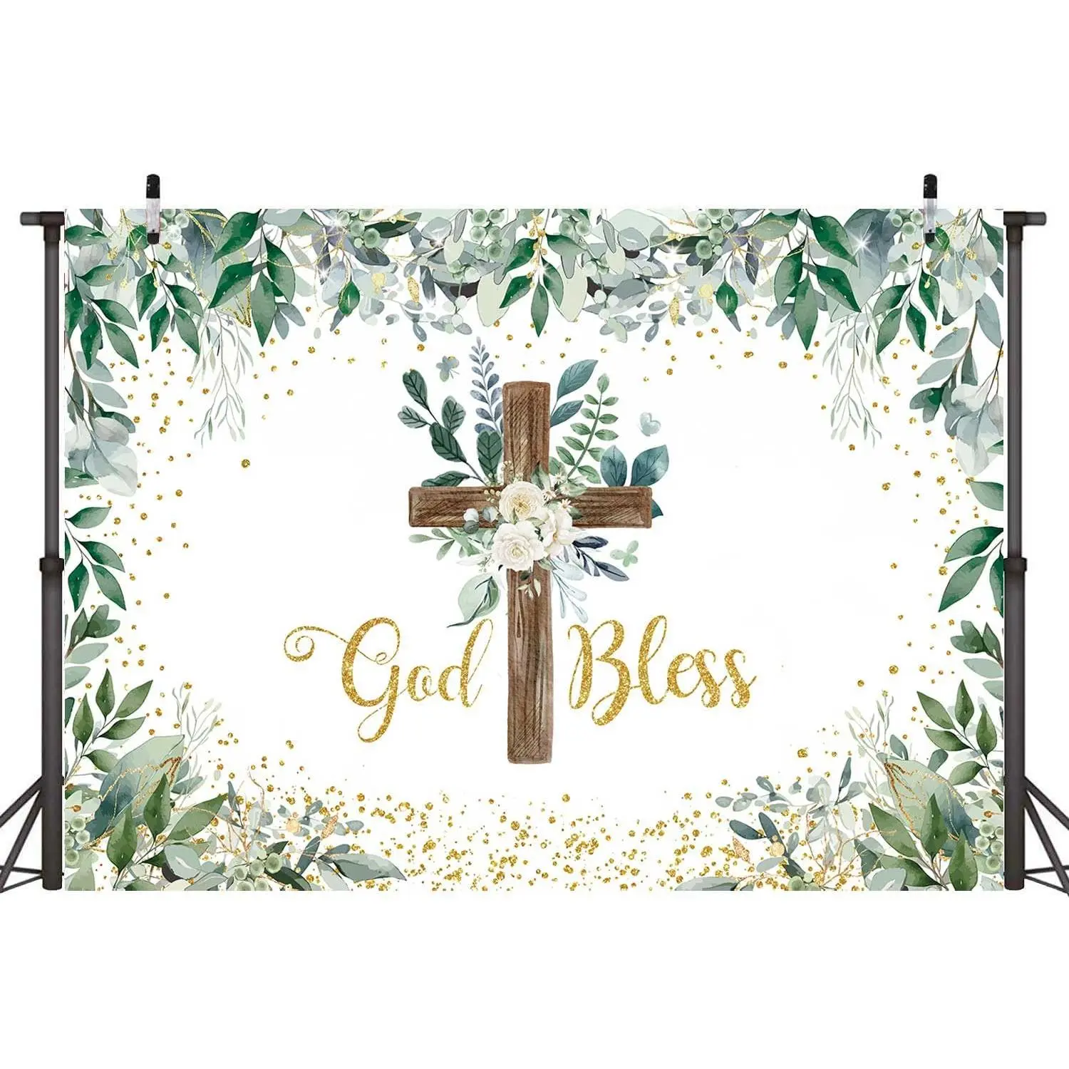 7x5 ft Eucalyptus God Bless Greenery Wooden Baptism Backdrop, Modern Seamless Print Photography Banner for First Holy Communion Party Decoration