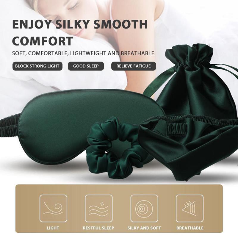 KatchMe Women's Silk 4PCS Solid Color Sleeping Set, Comfort Satin Eye Mask Headband Scrunchies with Storage Bag Portable 4 Pieces Set