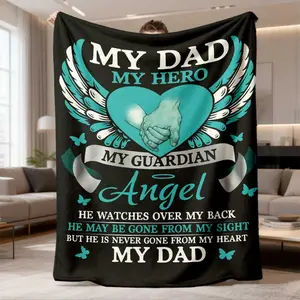 2026 New Arrival Flannel Blanket Angel Wings And Heart Father Tribute Design Soft Warm Digital Print Flannel Blanket With My Dad My Hero Memorial Message Machine Washable AllSeason Polyester Cover Perfect Gift For Home,