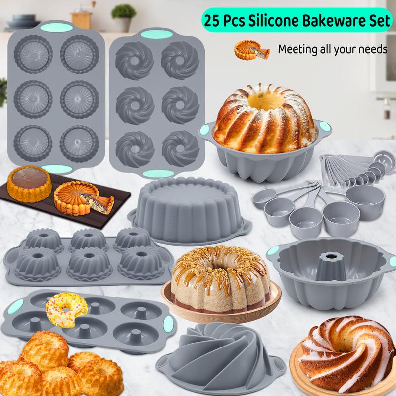 46/25 Pieces，Silicone Bakeware Set, Non-Stick Kitchen Oven Baking Pans, Silicone Cake Molds with Cake Pan, Chiffon Cake Pan, Donut Pan, Charlotte Cake Pan, Square Cake Pan and Loaf Panilicone .Dishwasher safe,Halloween gift. Birthday Fluted Bundt Cake Pan
