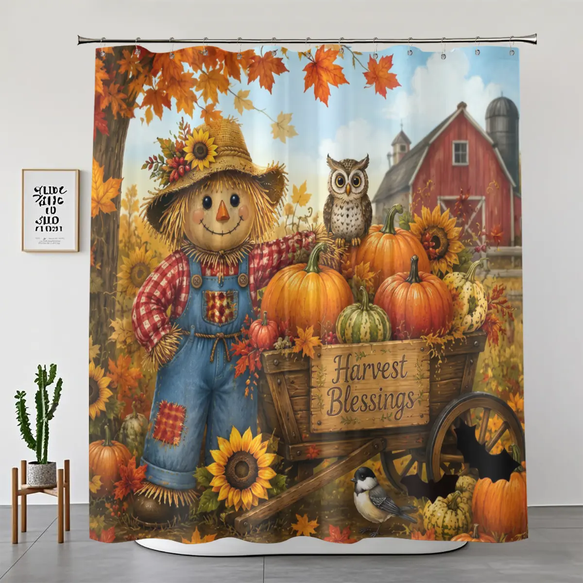 1/4pcs Fall Harvest Blessings Scarecrow Shower Curtain Set, Rustic Farmhouse Waterproof Washable Fabric, Pumpkin Sunflower Thanksgiving Bathroom Decor, Country Home Aesthetic Accessories