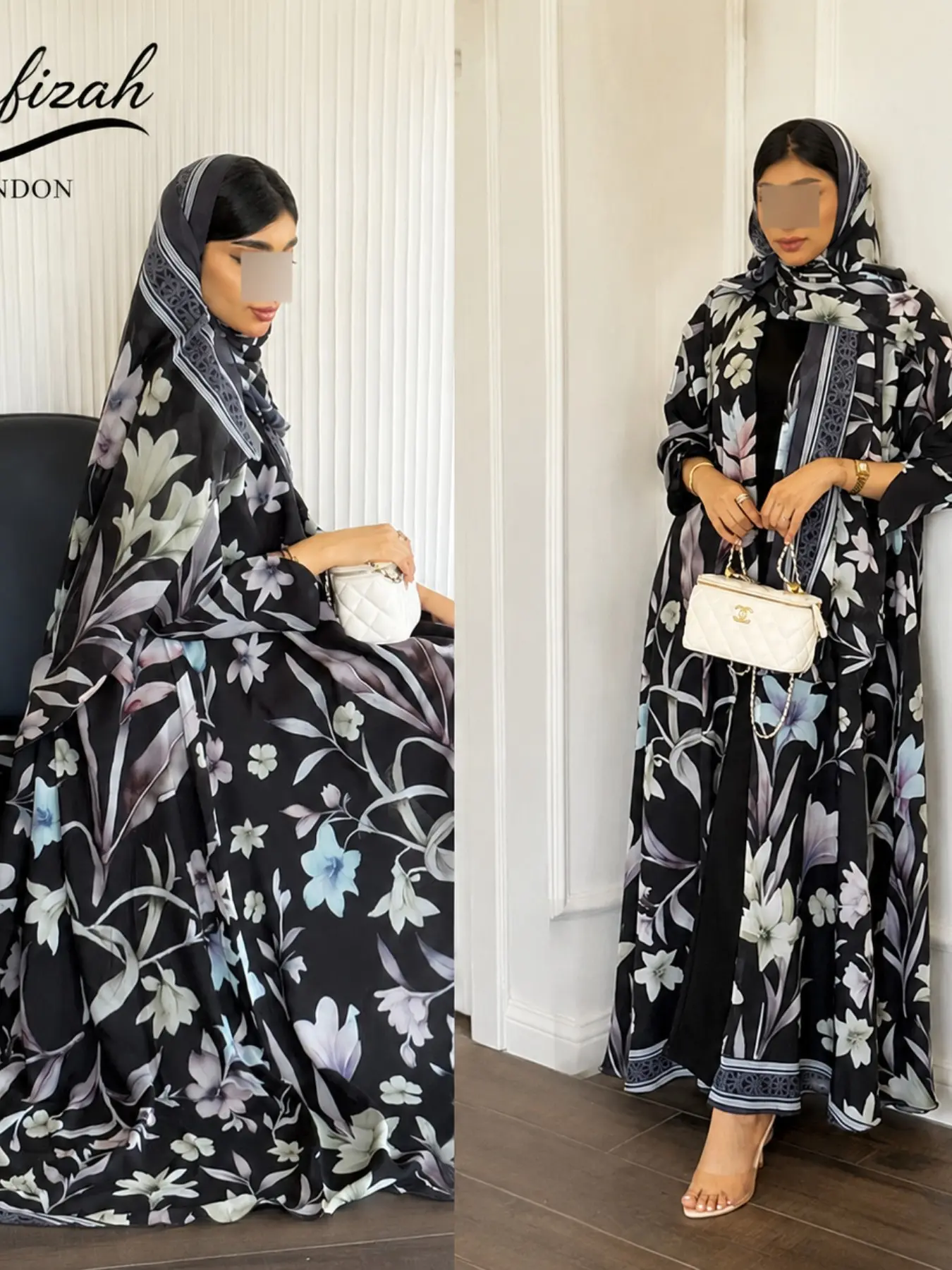 Women's Floral Pattern Long Robe, Muslim Fashion Kimono Style, with Headscarf, Elegant and Dignified, Dubai Style, Suitable for Ramadan and Eid
