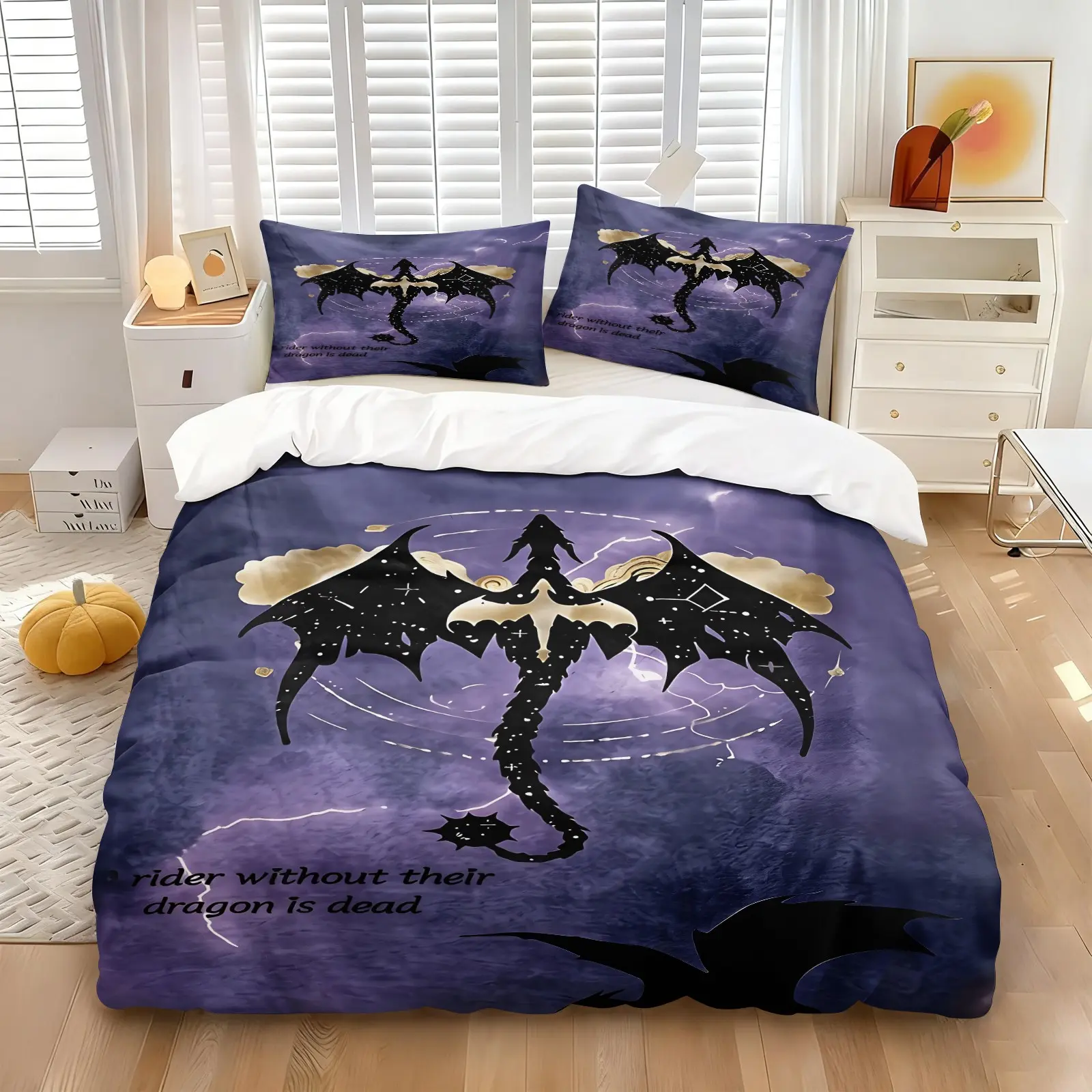 Fantasy Dragon Rider Style Purple Gold Starry Dragon Silhouette Duvet Cover Set, 1 Duvet Cover + 1-2 Pillowcases, Mythical Celestial Dragon Bedding Set, Dark Fantasy Bedroom Decoration, Gift for Fourth Wing & Fantasy Book Lovers