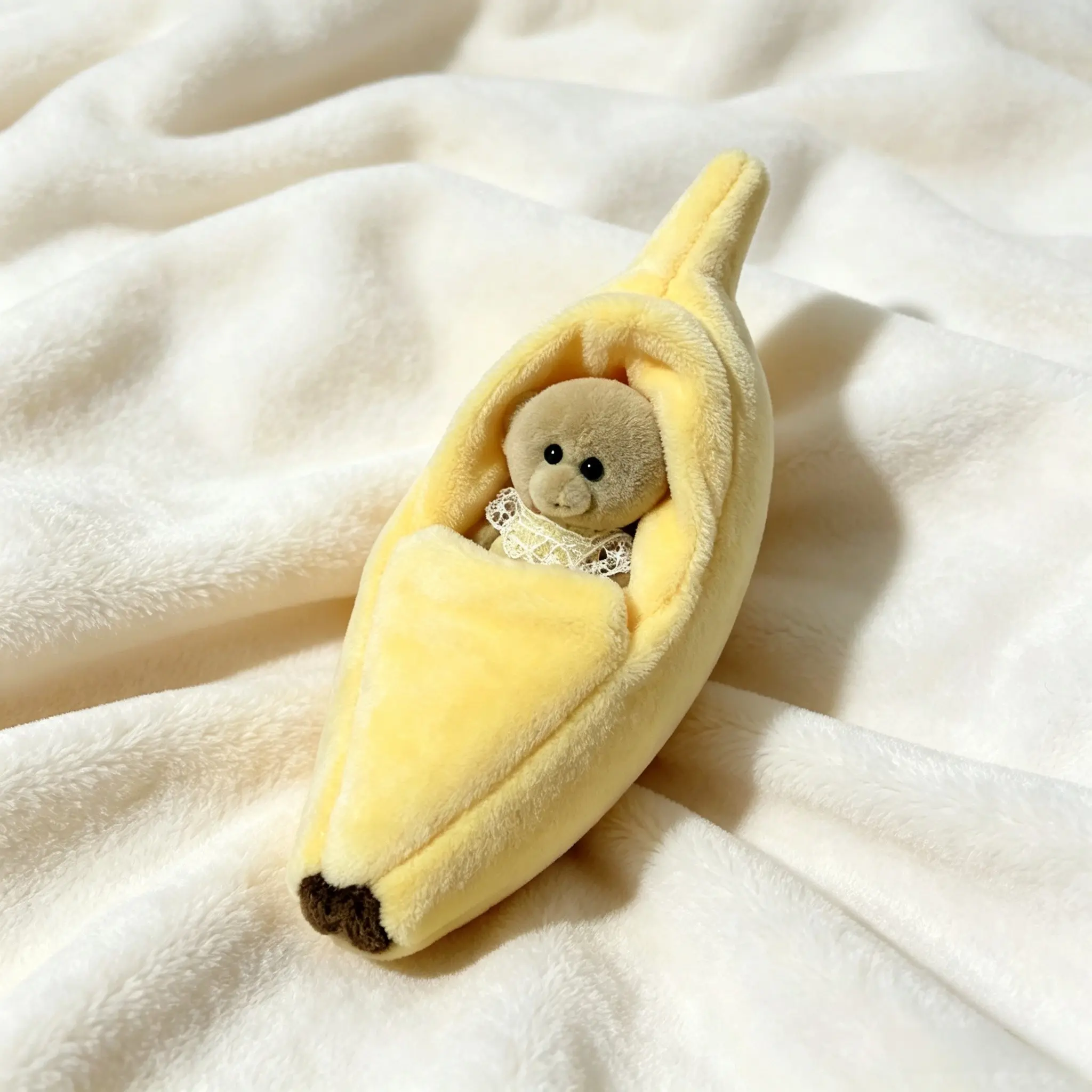 1 set Creative Little Monkey Banana Decor Accessories, a cute little monkey lying in a banana bed. Fun birthday gift, perfect for small presents to friends, Stuffed Animal Gifts