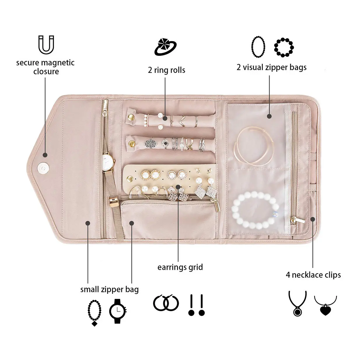 Travel Jewelry Storage Bag, Premium Portable Zipper Jewelry Organizer, Multi-functional Jewelry Pouch for Necklace, Earrings, Bracelets, Rings, Compact Jewelry Storage Case for Travel & Daily Home Use,Commercial