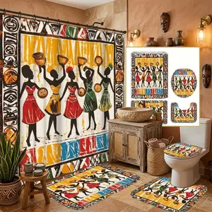 4pcs African Dance Theme Bathroom Set Multi-Functional Partition Shower Curtain with Hooks Non-Slip Bath Mat U-Shaped Toilet Mat Toilet Lid Cover Bathroom Decor Bathroom Partition Room Decoration