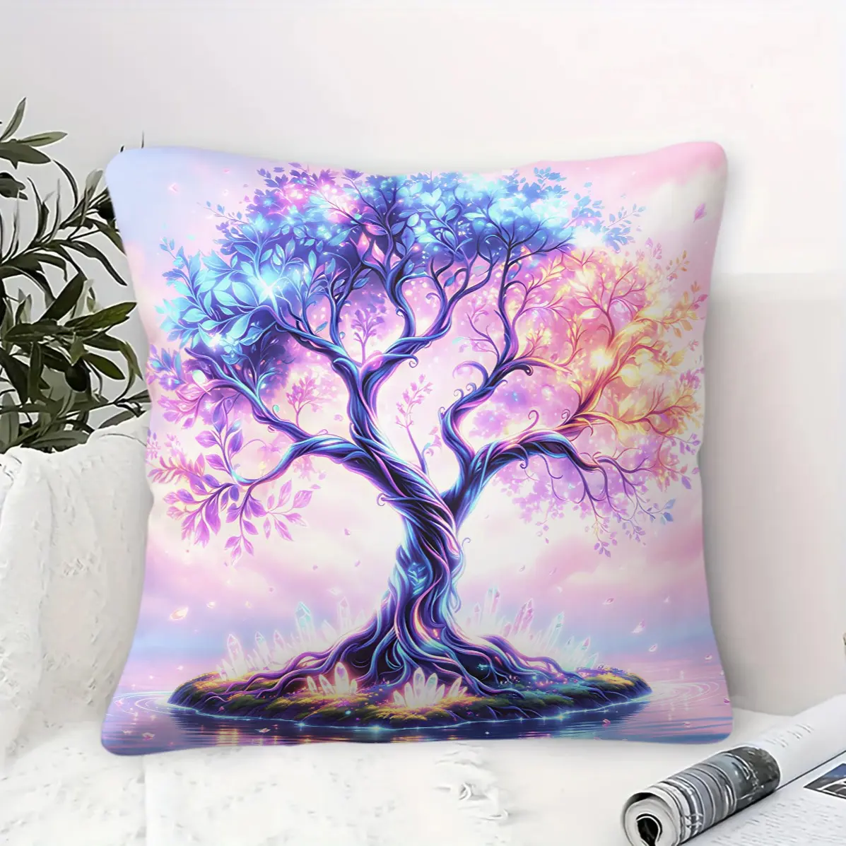 Glowing Tree of Life Pillow, multi gradient neon tree prints, fluffy removable cover, dreamy decor cushion for living room & bedroom (with insert)