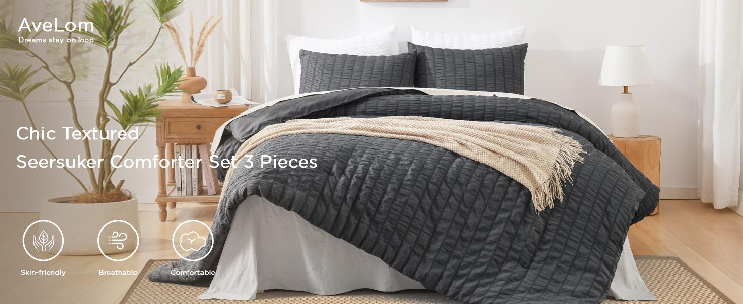 Seersucker King Comforter Set (104x90 inches), 3 Pieces - 100% Soft Washed Microfiber Lightweight Comforter with 2 Pillowcases, All Season Down Alternative Comforter Set for Bedding, Gray