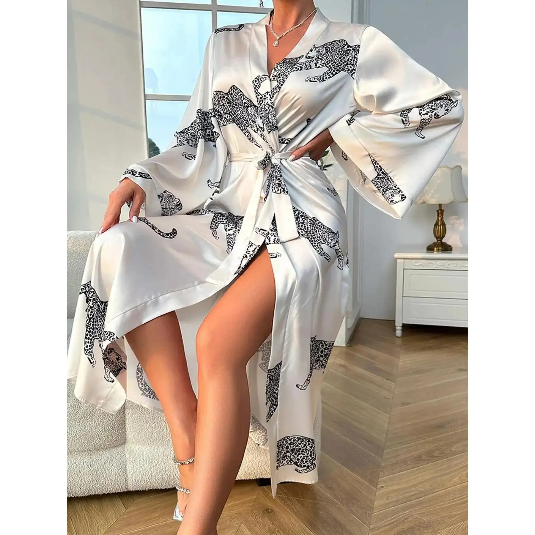 Plus Size Women's Leopard Print Belted Satin Bathrobe, Sexy Elegant Aesthetic Fashion Long Sleeve Kimono Sleeve V Neck Dressing Gown, Womenswear, Women's Sleepwear & Loungewear for All Seasons