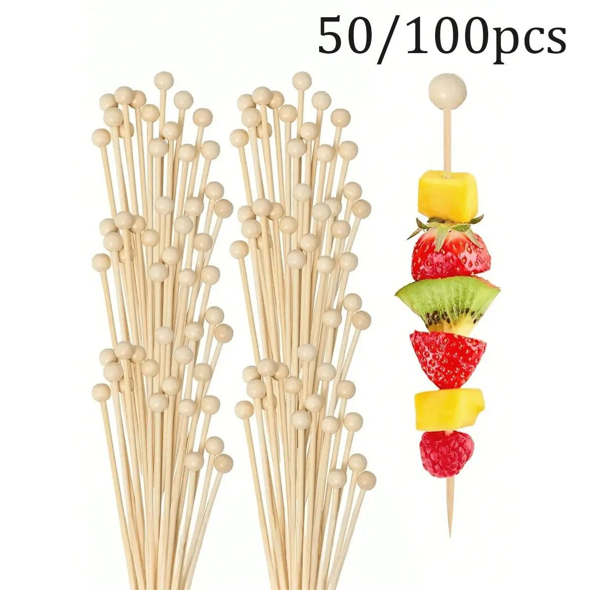 100/50 Pack Bamboo Cocktail Picks, Skewers, and Forks, Ideal for Parties, Desserts, Fruits, Birthdays, Weddings, and More