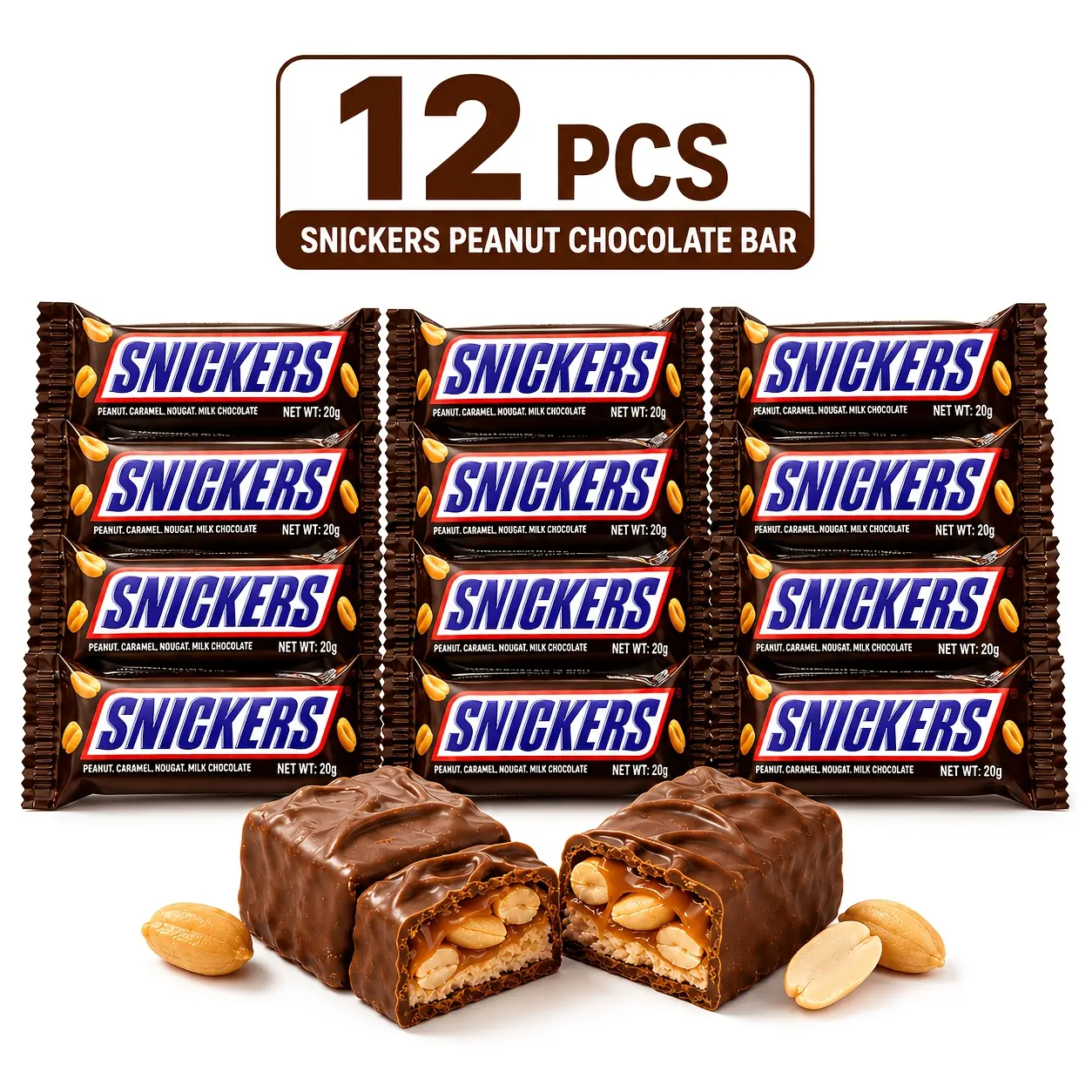 24-Pack/12-Pack, SNICKERS Original Peanut Butter Mini Milk Chocolate Bars, Hunger-Relief Energy Bars, Peanut Chocolate Candy