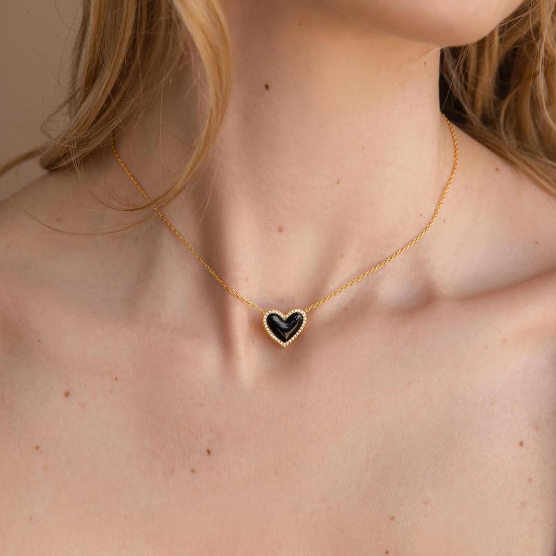 Pave Onyx Puff Heart Necklace by Caitlyn Minimalist - Black Crystal Pendant Necklace with Pave Diamonds - Coquette Jewelry - Best Friend Gift.