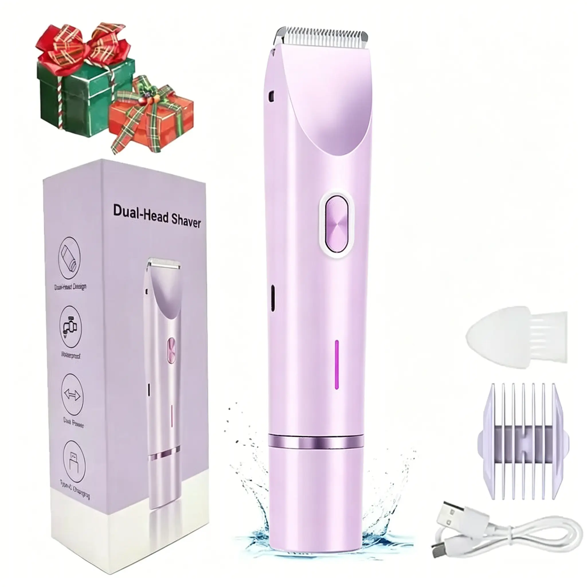 Women's electric trimmer, electric hair clipper and shaver 2-in-1 rechargeable, dual-head design, painless trimming for pubic hair, face, underarms, and legs, IPX7 waterproof, Showerproof Body Trimmer, holiday gift
