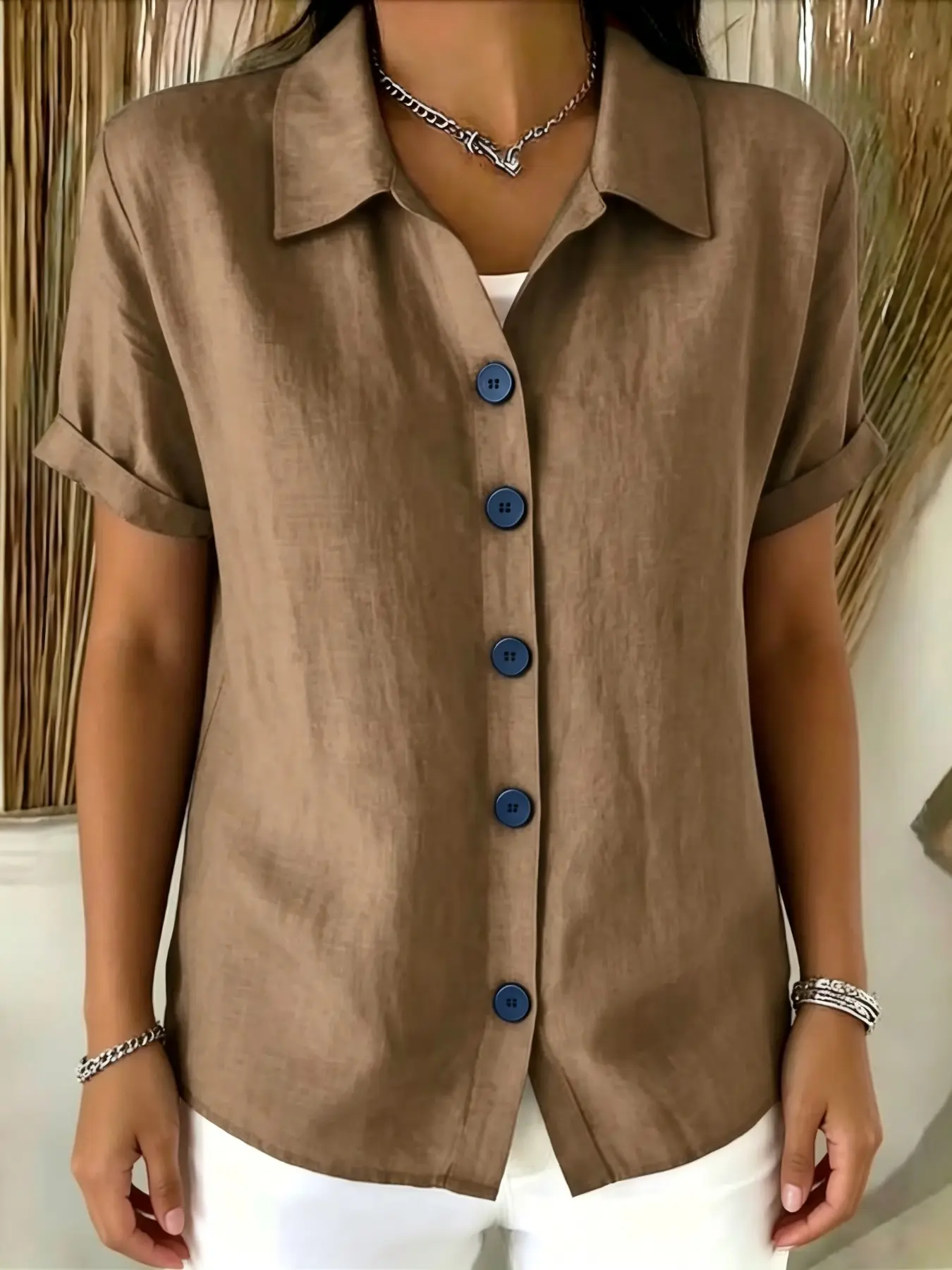 French Style Relaxed Solid Color Short Sleeve Button Down Shirt & Blouses, Summer Commute Casual Comfy Classy Chic Loose Button Front Top, Comfortable and Stylish Apparel for Daily Wear