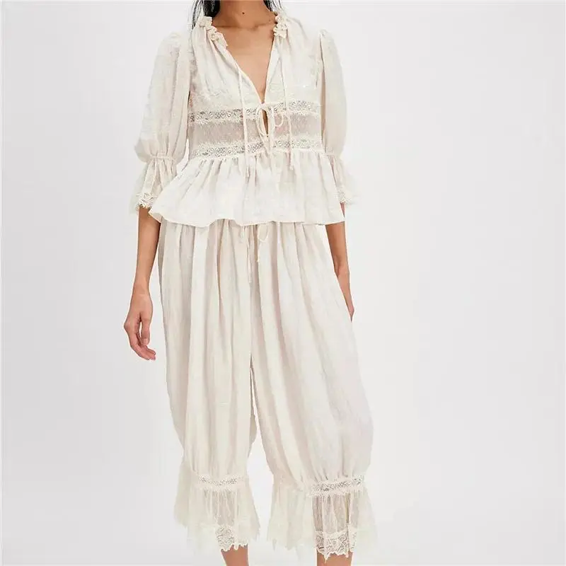 Lace Bloomer Pants Sets 2 Piece Lacey Babydoll Tank Top Long Bloomers Cropped Pants Suit Outfits Women Y2k Vintage Matching Sets