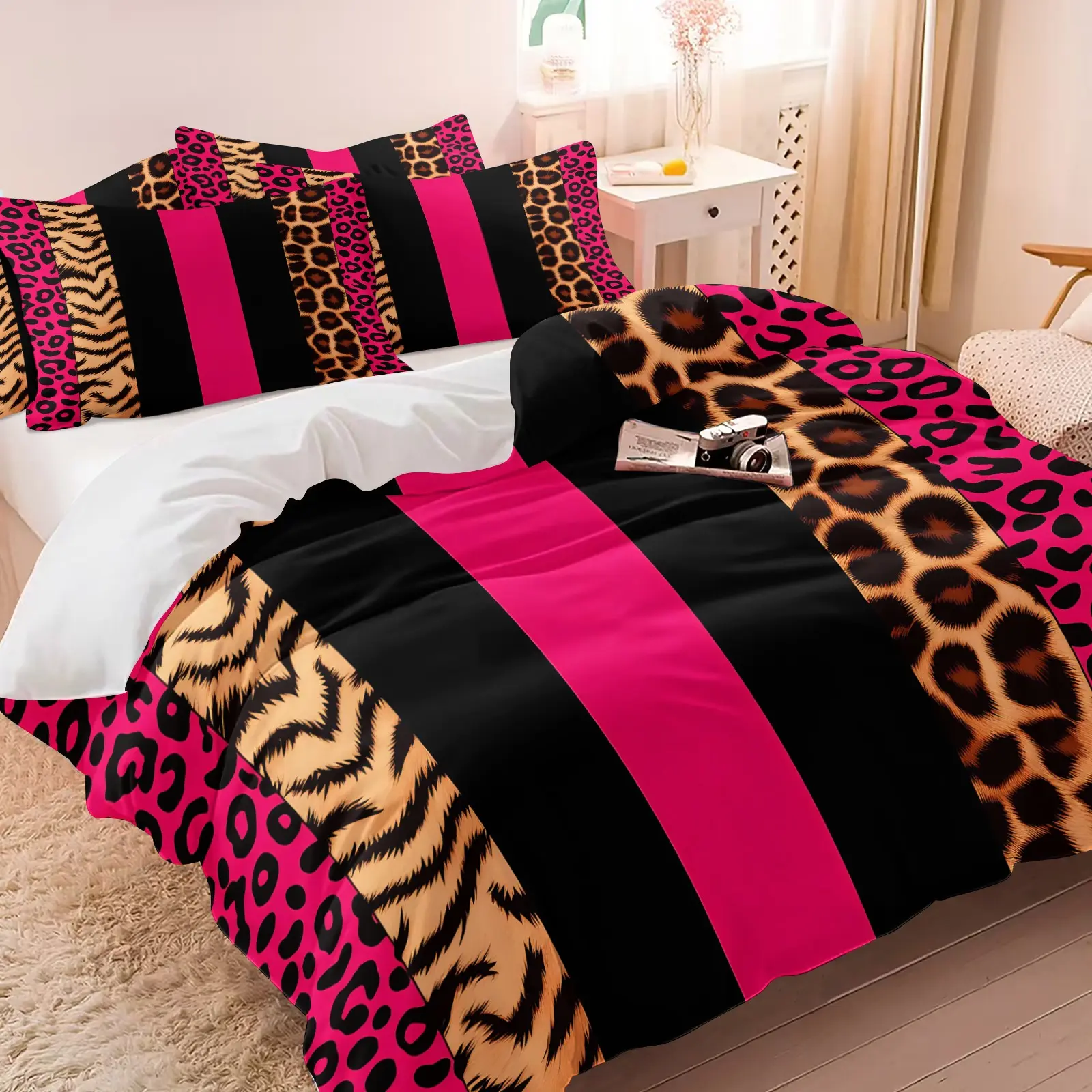 Leopard & Tiger  Stripe Color Block Spliced Duvet Cover Set, 1 Duvet Cover & 1-2 Coreless Pillowcases, Sexy Sweet Cool Wild Animal Pattern Print, Soft BreathableComfortable, Ideal Gift For Y2K Hot Girl Home Decor Lovers & Bedroom Decor