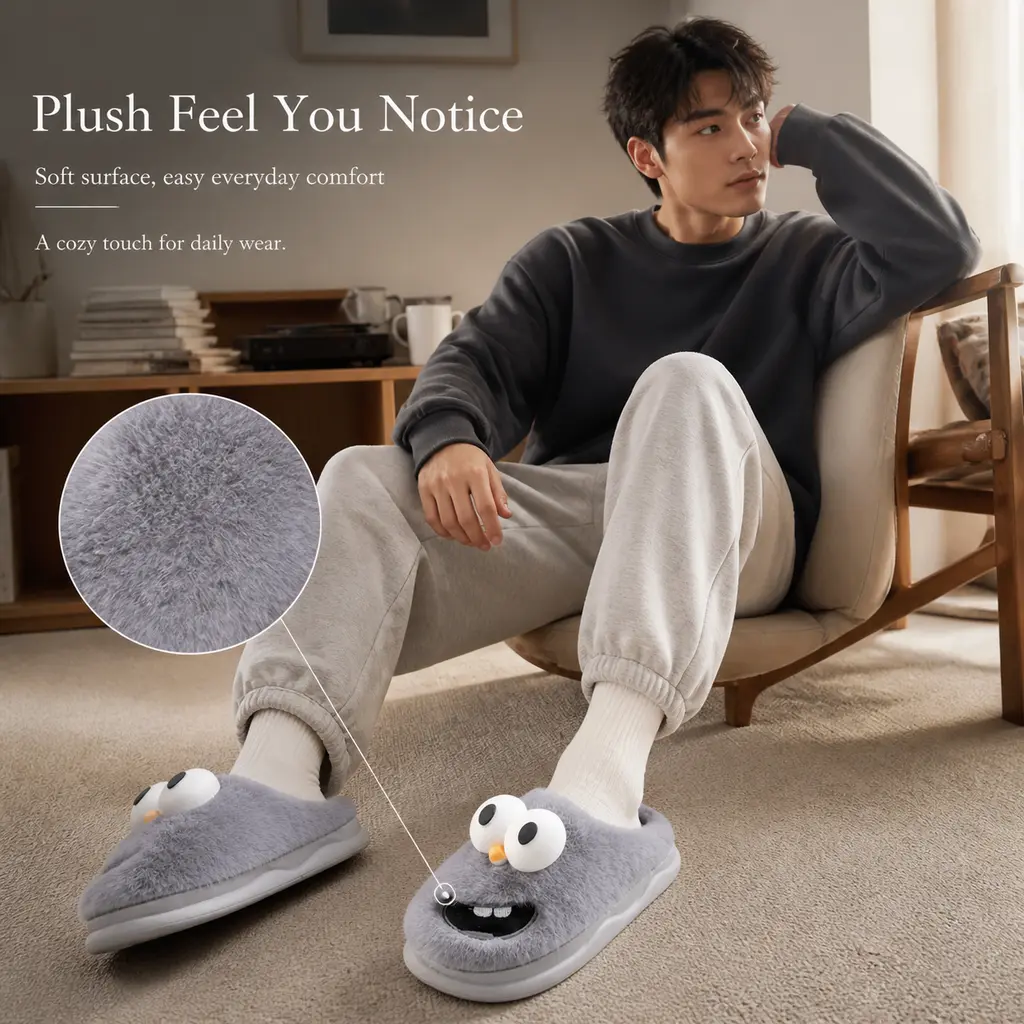 Grey Cartoon Monster Plush Open Back Slippers for Men, Cute 3D Big Eyes Fuzzy House Slides, Warm Fluffy Indoor Loungewear Footwear for Fall & Halloween