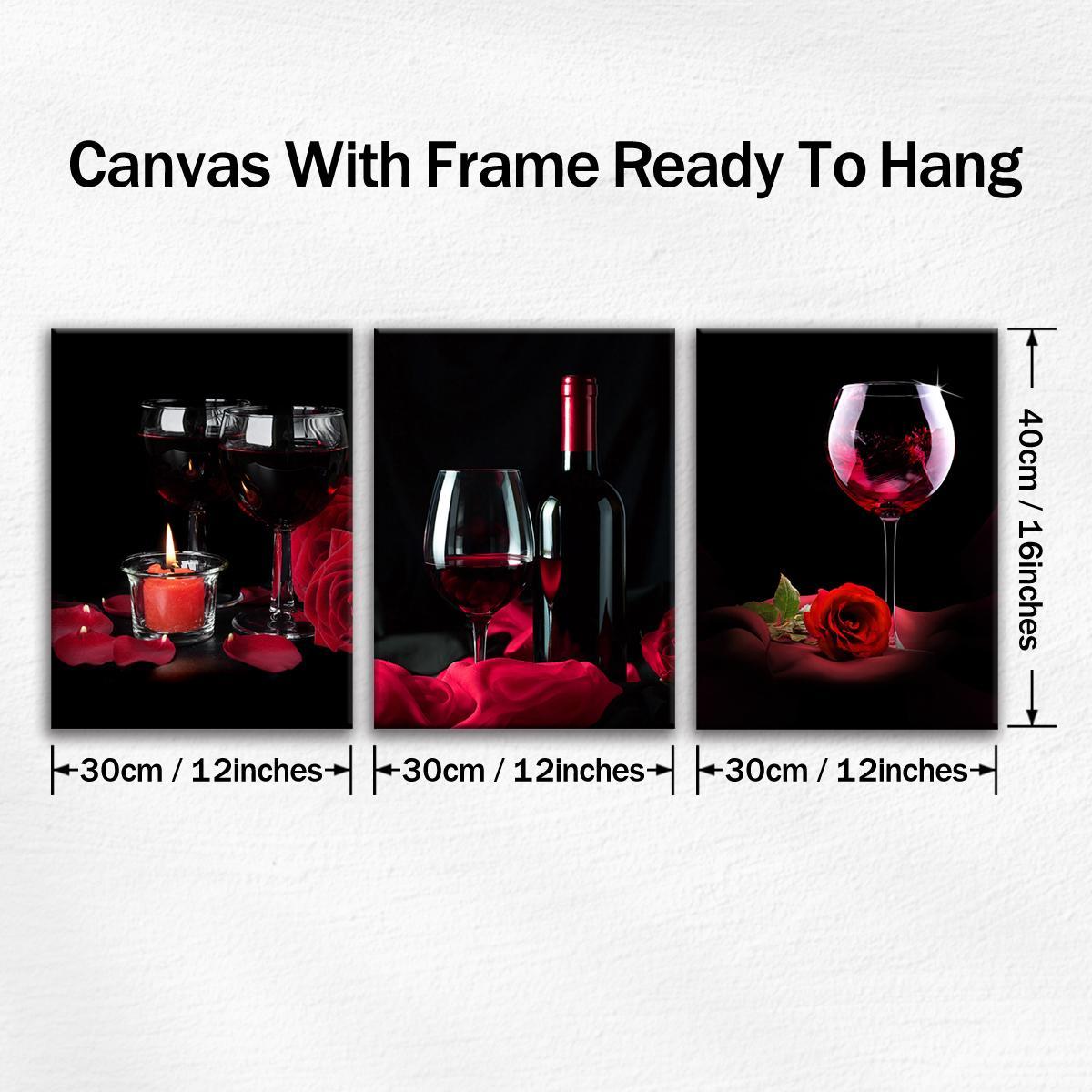 Wine Themed Canvas Painting, 3 Counts/set Romantic Wine Glass Pattern Vintage Wall Art, Wall Decor for Home Living Room Bedroom Office, Ornaments
