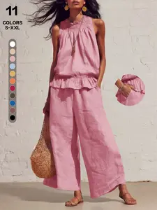 French-Inspired Resort-Style Two-Piece Set, Sleeveless Lettuce-Edge Top, Wide-Leg Trousers with Side Pockets, Casual Daily Wear