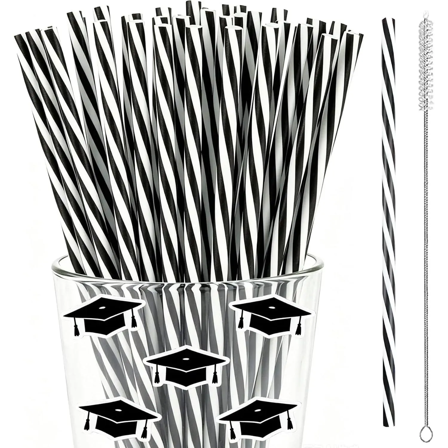 50PCS Reusable Black and White Striped Hard Plastic Drinking Straws for Graduation Decorations,Holiday Birthday Party Favors,Dishwasher Safe 9 Inch Thick Stirrer Straws for Halloween Party Supplies
