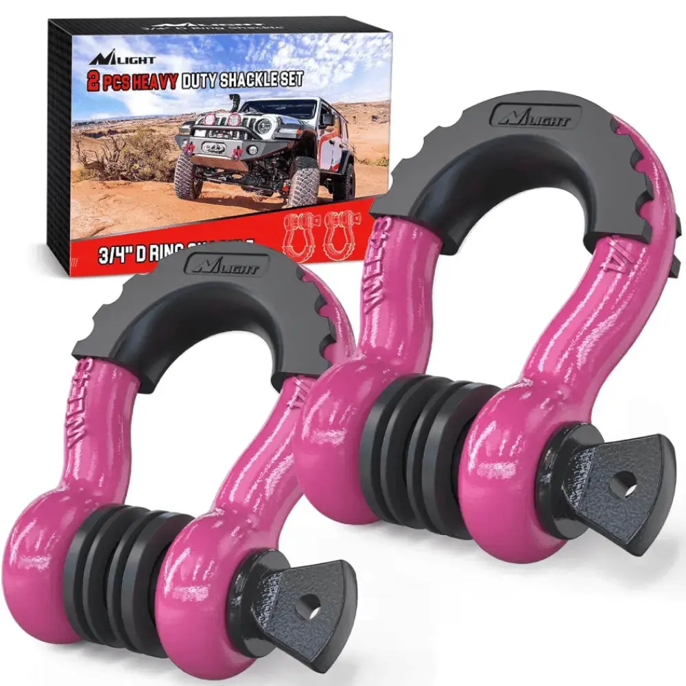 Nilight Heavy Duty 3/4 in Metal Steel D-Ring Shackle Pair, Fuchsia - Towing Recovery Car Accessory with Shackle Isolators, Receiver Hitch Compatibility