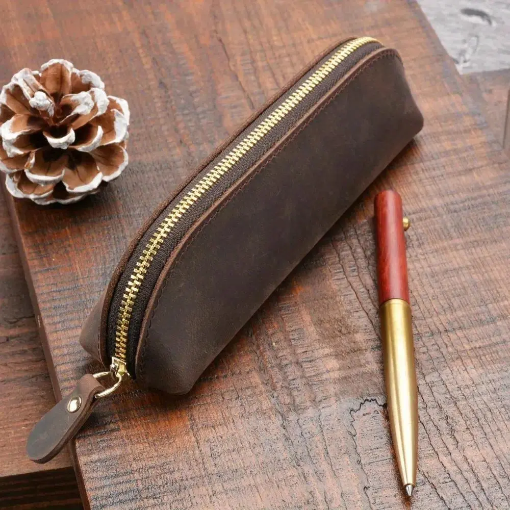 Vintage Retro Cowhide Leather Pencil Bag - Handmade Classic Zipper Stationery Organizer, 18cm/7.09in Portable Multifunctional Storage Case for Pens, Glasses, Pen Lovers' Daily Small Items, Approx 18Cm/7.09Inch
