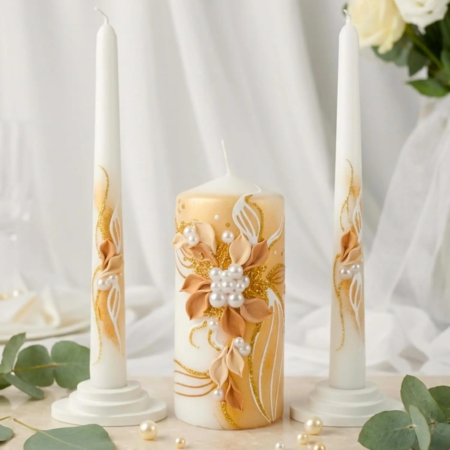 Unity Candle Set for Wedding Ceremony & Reception, White & Gold Wedding Unity Candles with Floral Decor, Unscented 6” Pillar & Two 10” Taper Candles for Marriage Ritual
