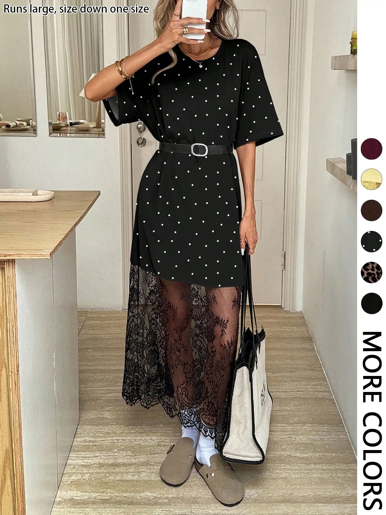 Solid Color Crew Neck Short Sleeve Loose Casual Lace Dress, Suitable For Outings And Commuting Airport Outfit Women Old Money Dress Going Out Dress Teacher Outfits Dresses For Women Elegant (Belt Not Included)