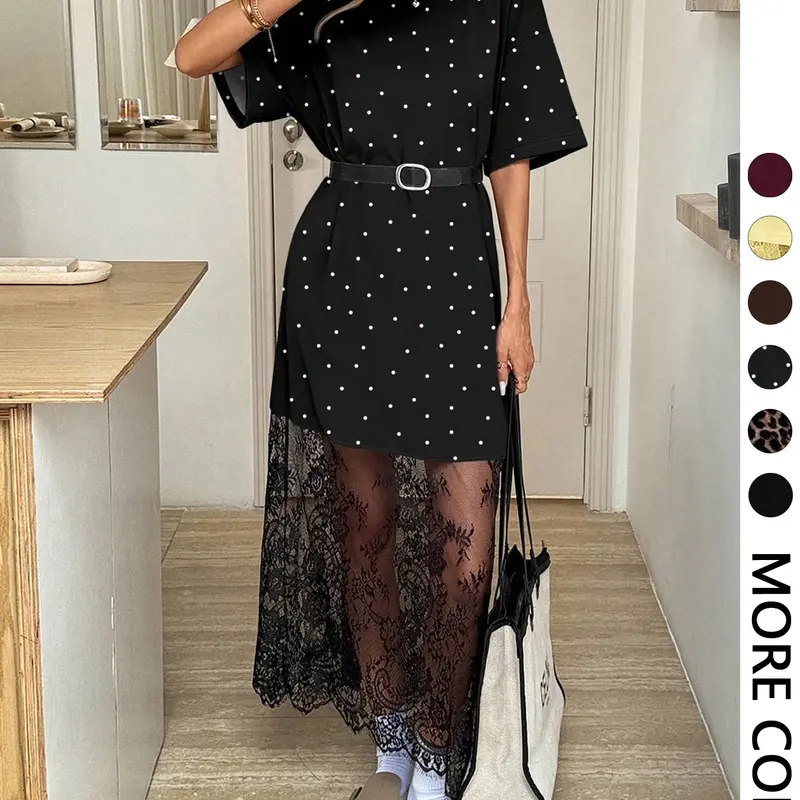 Solid Color Crew Neck Short Sleeve Loose Casual Lace Dress, Suitable For Everyday Outings And Commuting Airport Outfit Women Old Money Dress Going Out Dress Teacher Outfits Dresses For Women Elegant (Belt Not Included)