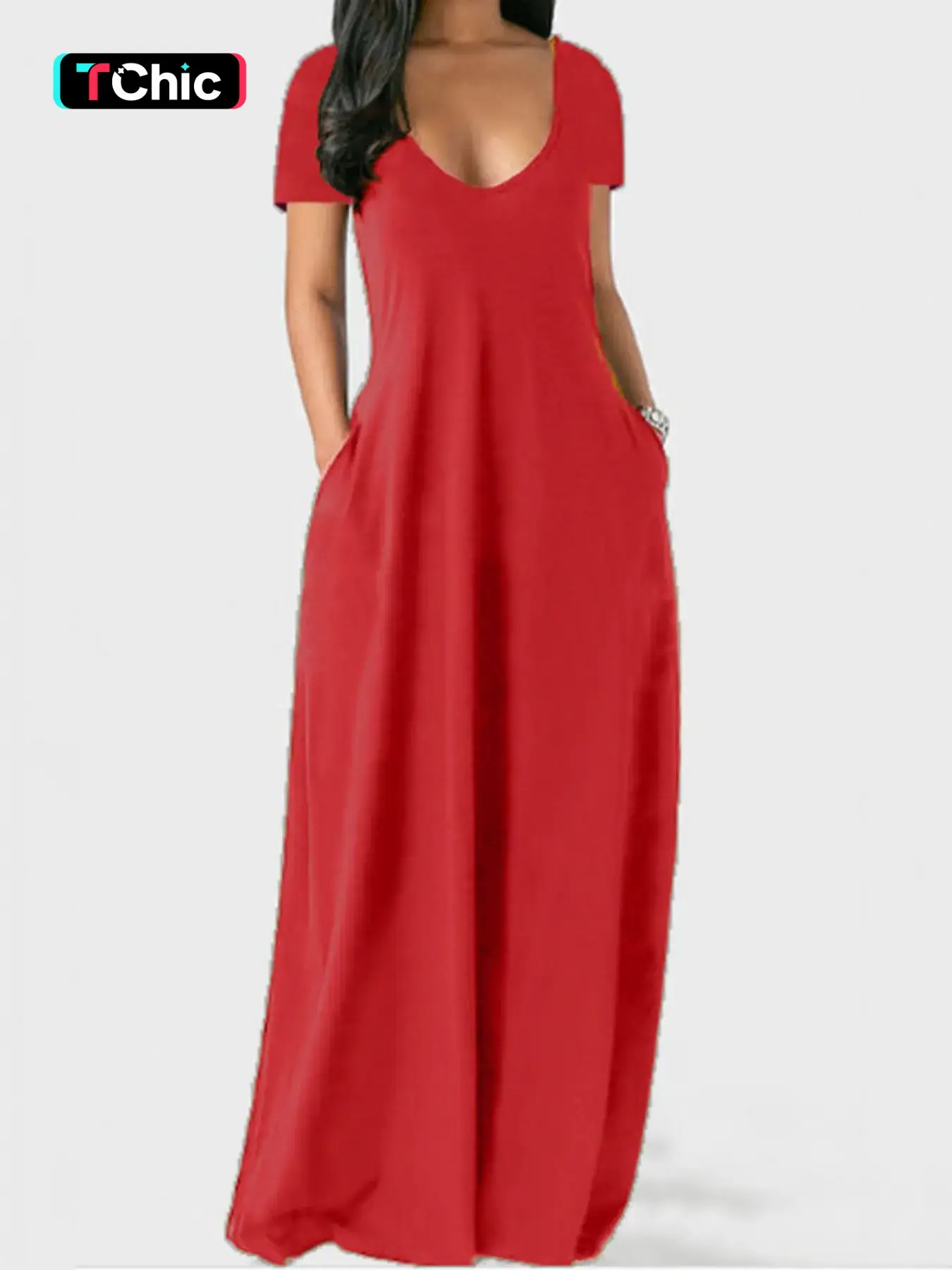 Women's Plain Deep V Neck Pocket Dress, Minimalist Casual Short Sleeve Maxi Dress for Spring & Fall, Women's Clothing for Daily Wear