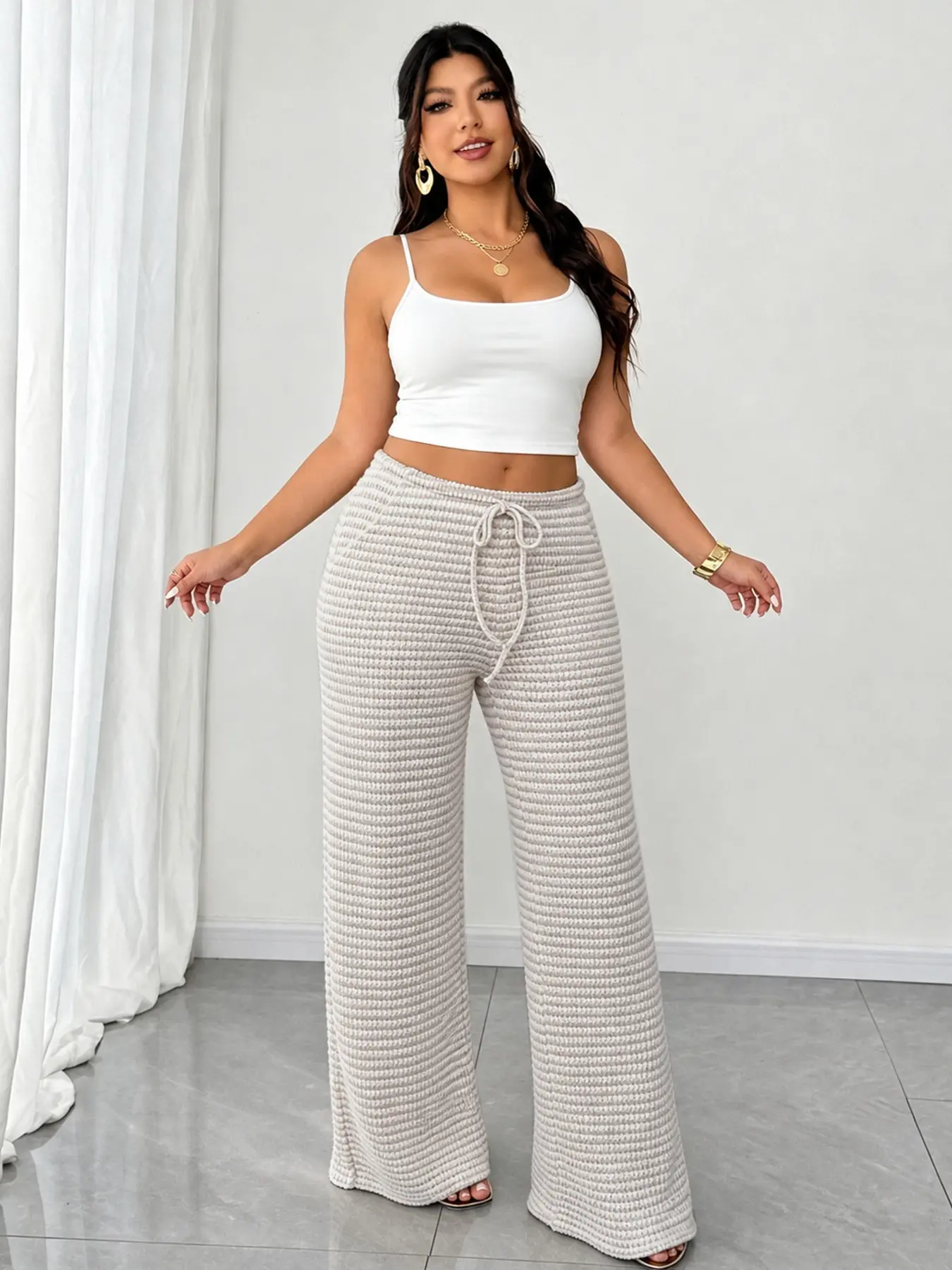 Plus Size Striped Crochet Knit Drawstring Flare Pants, off High Waist Wide Leg Trousers, Casual Bell Bottoms for Big Women, Fall & Winter