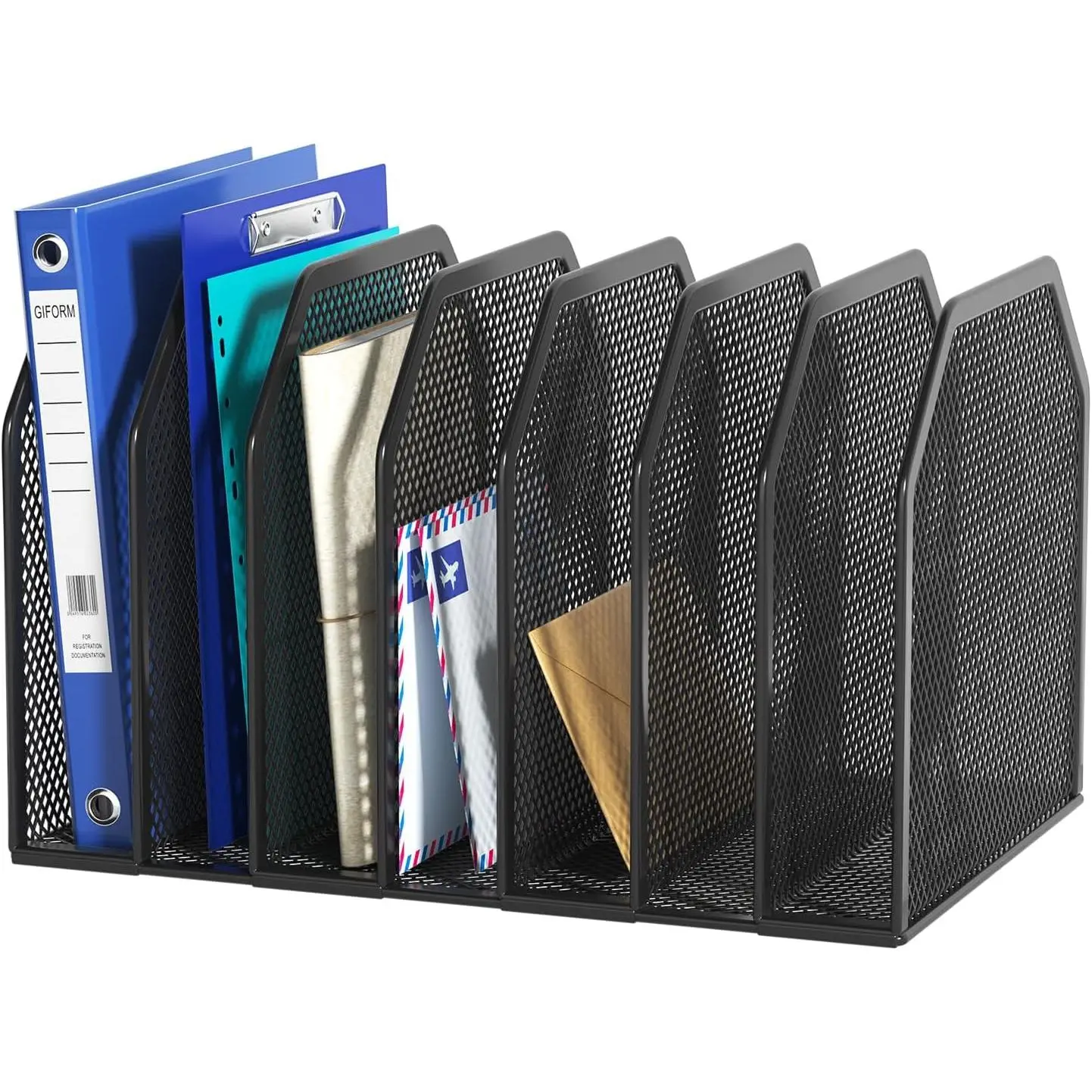 Black 7-Section File Folder Organizer for Desk, Metal Vertical File Holder Stand, Desktop File Organizer Rack for Letter/A4 Folders, Papers, Books, Office Classroom Home