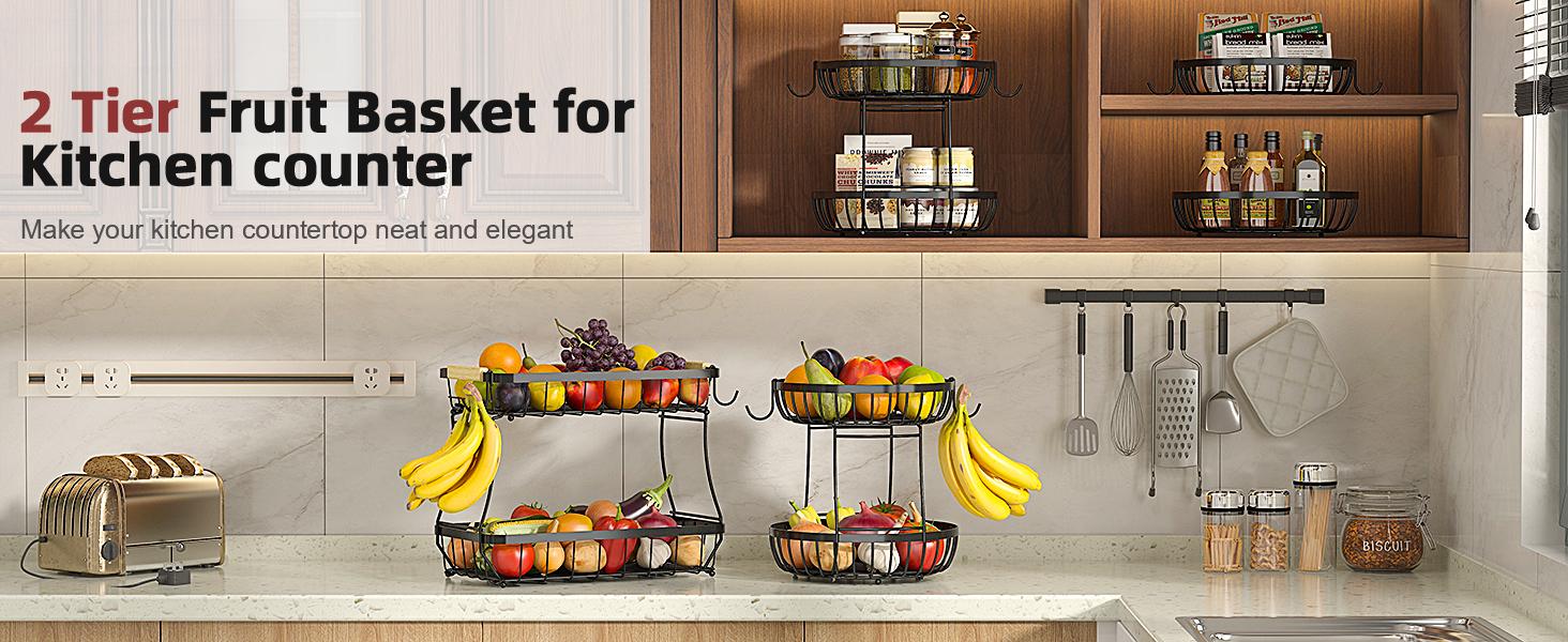 2 Tier Large Fruit Basket for Kitchen Counter with 2 Banana Hangers, Metal Stackable Fruit Bowl for Kitchen Counter for Bread Vegetable Fruits, Black