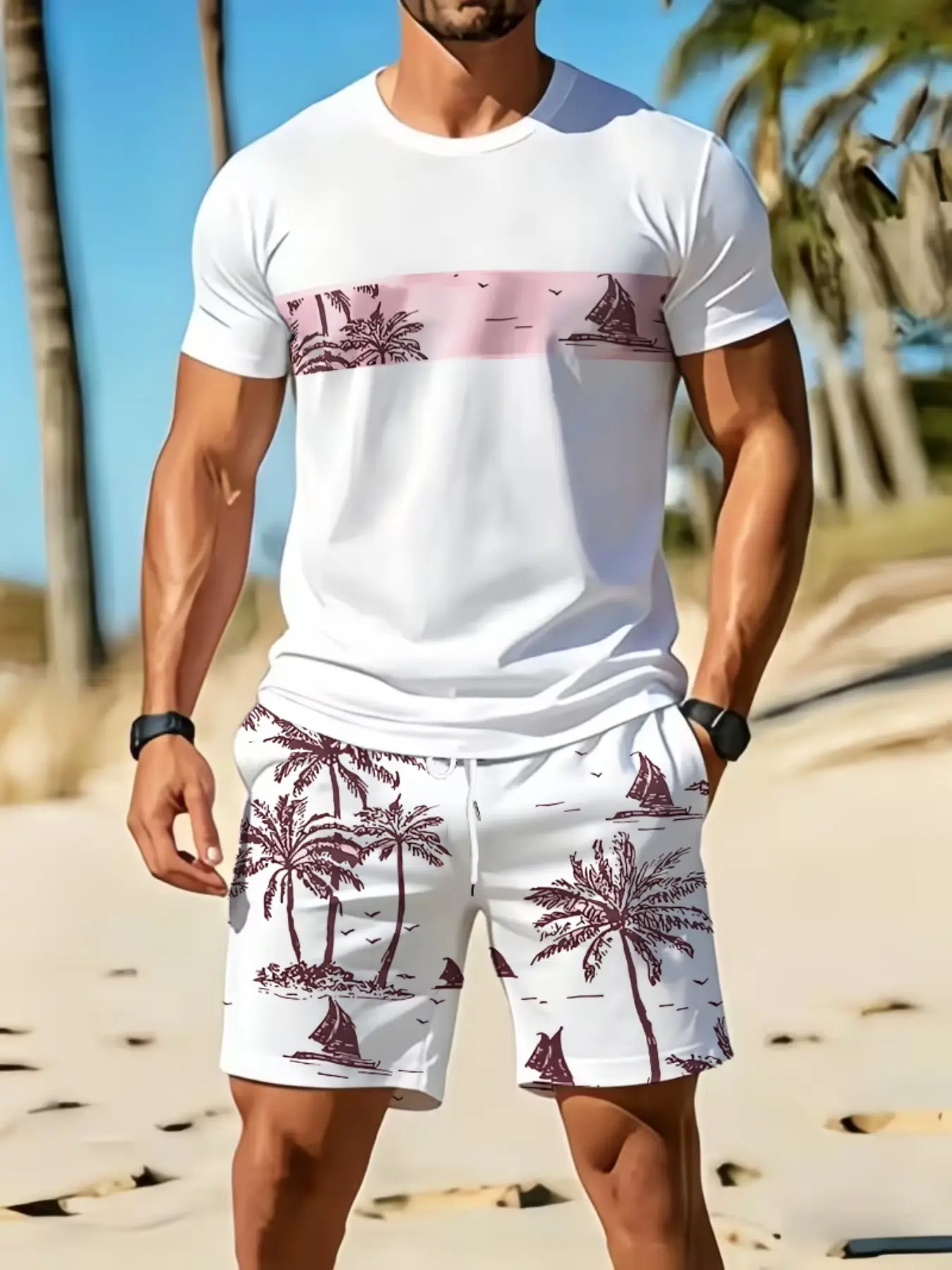 Men's Tropical Coconut Tree Sailboat Island Print Two-Piece Set, Round Neck Loose T-Shirt, Drawstring Five-Finger Beach Shorts, Summer Vacation Casual