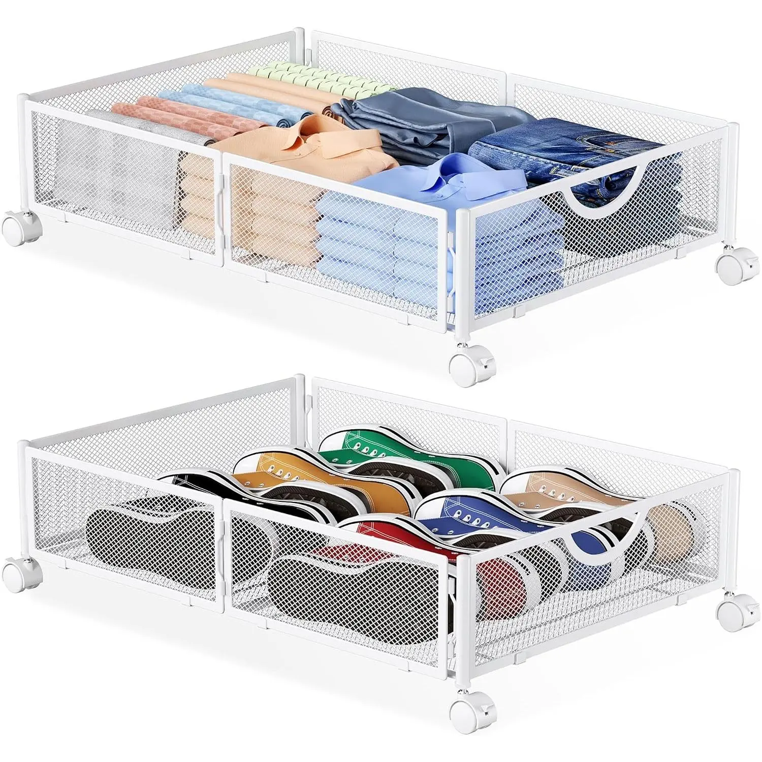 Under Bed Storage with Wheels, 2 Pack Under Bed Shoe Storage Organizer Drawer, Tool-free Assembly Metal Underbed Storage Containers for Clothes, Shoes, WhiteGift