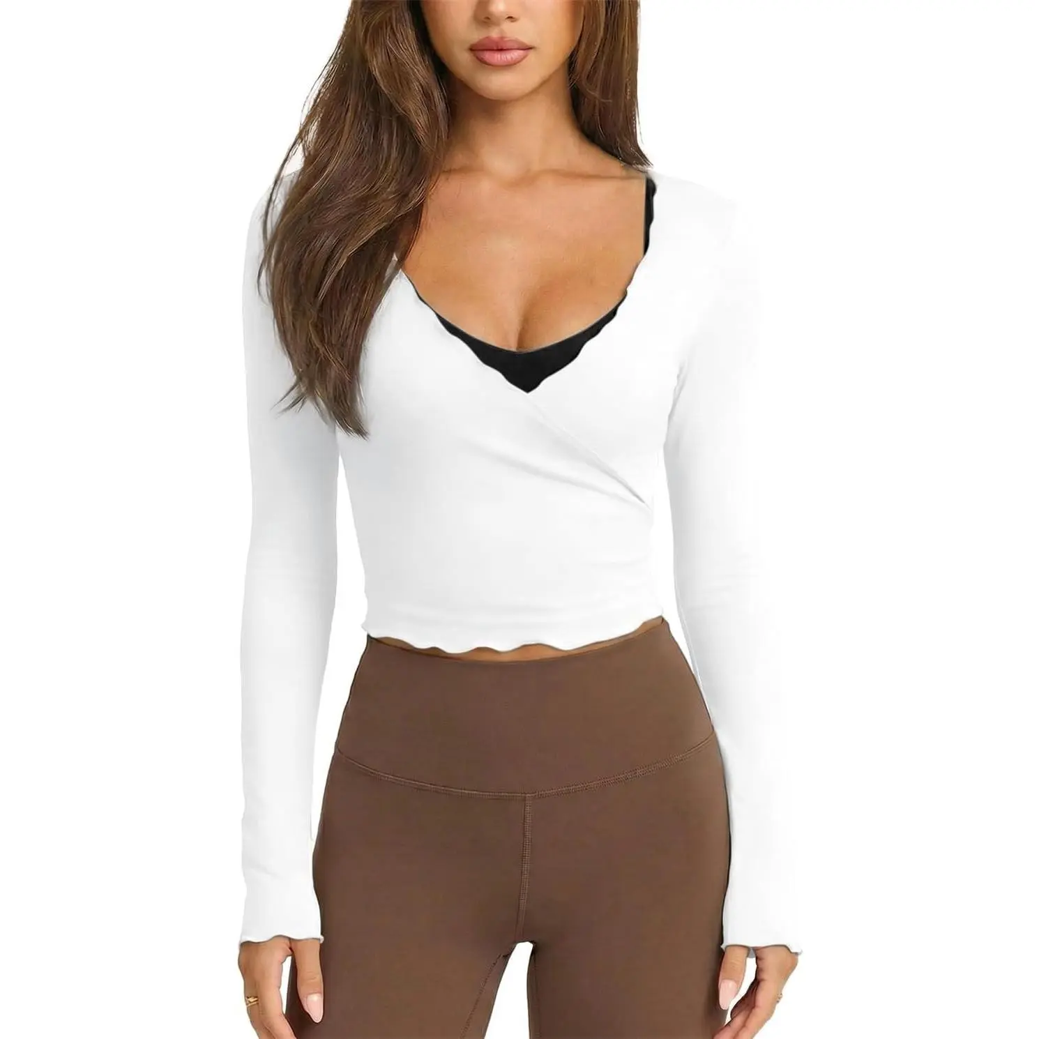 Womens Ballet Wrap Tops Cropped Long Sleeve Self Tie Front Shirt Y2K Workout Yoga Pilates Dance Cover Up Blouse